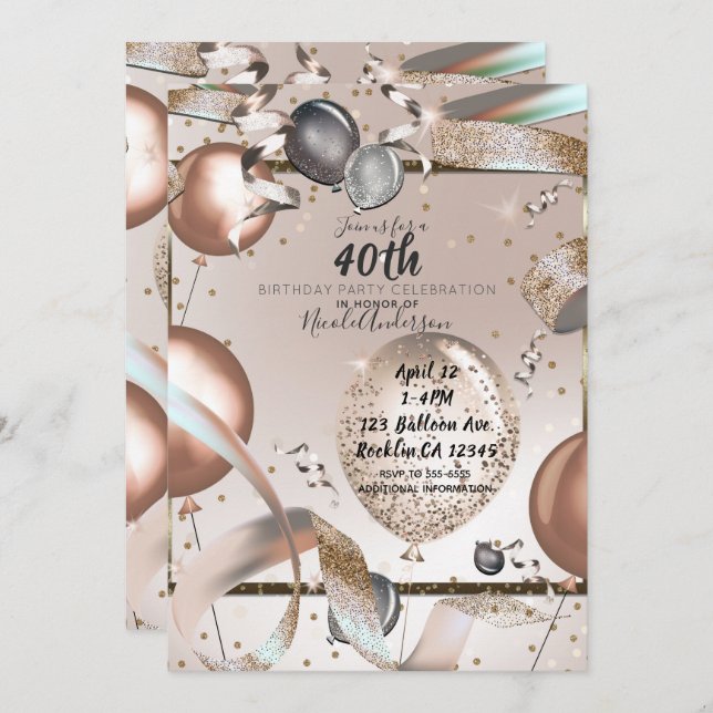 Rose Gold Pink Glitter Balloons 40th Birthday Invitation (Front/Back)