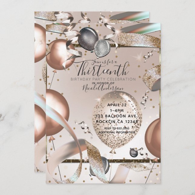 Rose Gold Pink Glitter Balloons Birthday Party Invitation (Front/Back)
