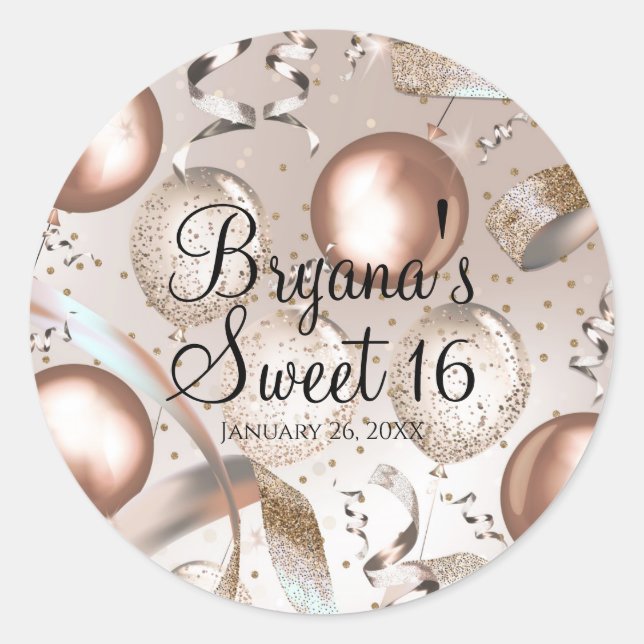 Rose Gold Pink & Glitter Balloons Sweet 16 Party Classic Round Sticker (Front)
