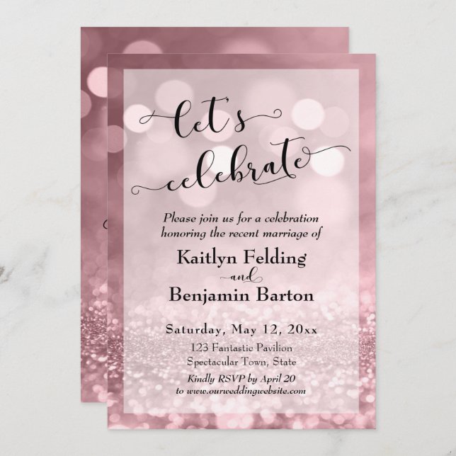 Rose Gold Pink Glitter Bokeh Let's Celebrate Invitation (Front/Back)