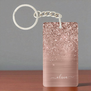 Rose Gold Pink Glitter Brushed Metal Monogram Key Ring