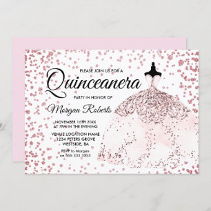 Rose Gold & Pink Glitter Dress Quinceanera Invite