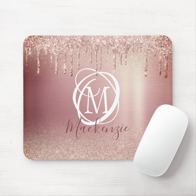 Rose Gold Pink Glitter Drip Elegant Monogram Mouse Pad (With Mouse)