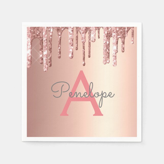 Rose Gold Pink Glitter Dripping Glam With Monogram Napkin (Front)