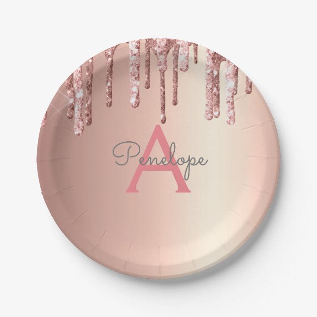 Rose Gold  Pink Glitter Drips and Sparkle Monogram Paper Plate (Front)