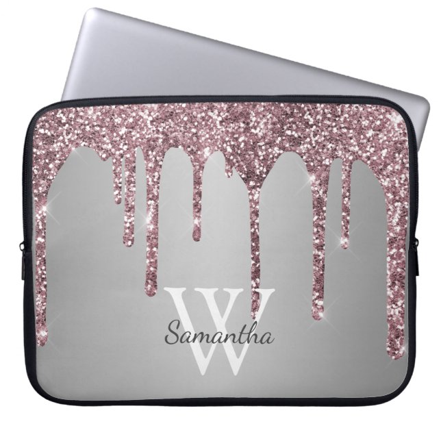 Rose Gold Pink Glitter Drips Silver Monogram Name Laptop Sleeve (Front)