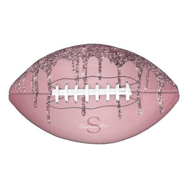 Rose Gold Pink Glitter Drips Sparkle Monogram Name Football (Front)