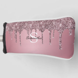 Rose Gold Pink Glitter Drips Sparkle Monogram Name Golf Head Cover