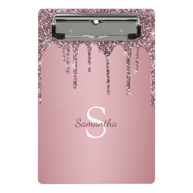 Rose Gold Pink Glitter Drips Sparkle Monogram Name Mini Clipboard (Front)