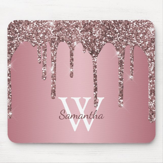 Rose Gold Pink Glitter Drips Sparkle Monogram Name Mouse Pad (Front)