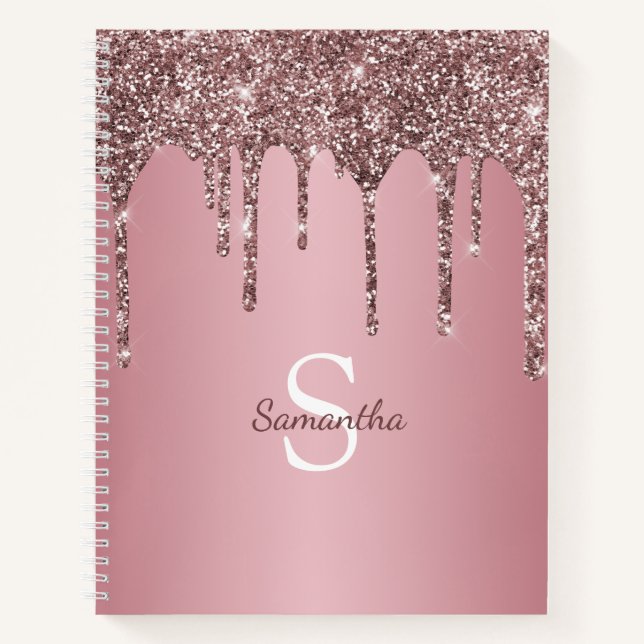 Rose Gold Pink Glitter Drips Sparkle Monogram Name Notebook (Front)