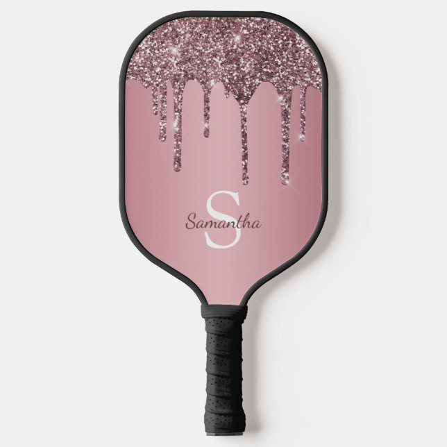Rose Gold Pink Glitter Drips Sparkle Monogram Name Pickleball Paddle (Front)