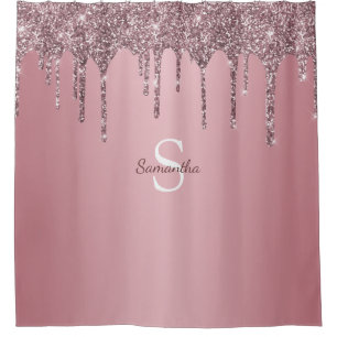 Rose Gold Pink Glitter Drips Sparkle Monogram Name Shower Curtain