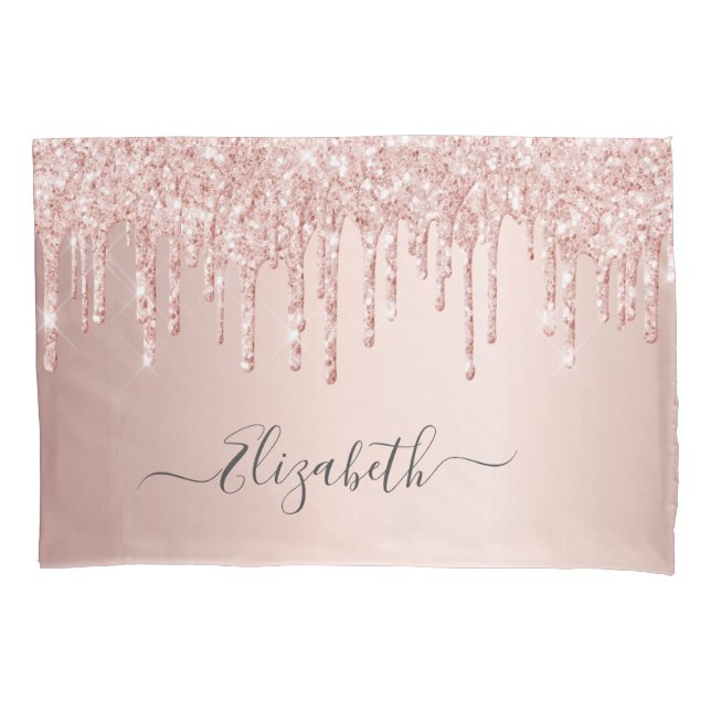 Rose gold pink glitter drips sparkle name pillowcase (Front)