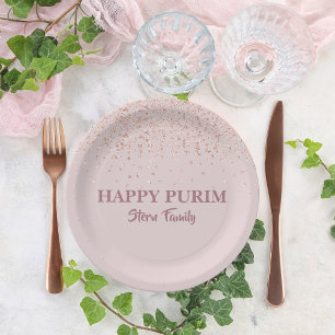 Rose Gold Pink Glitter Dust Hebrew Purim Sameach Paper Plate