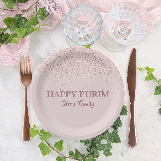 Rose Gold Pink Glitter Dust Hebrew Purim Sameach Paper Plate (Creator Uploaded)
