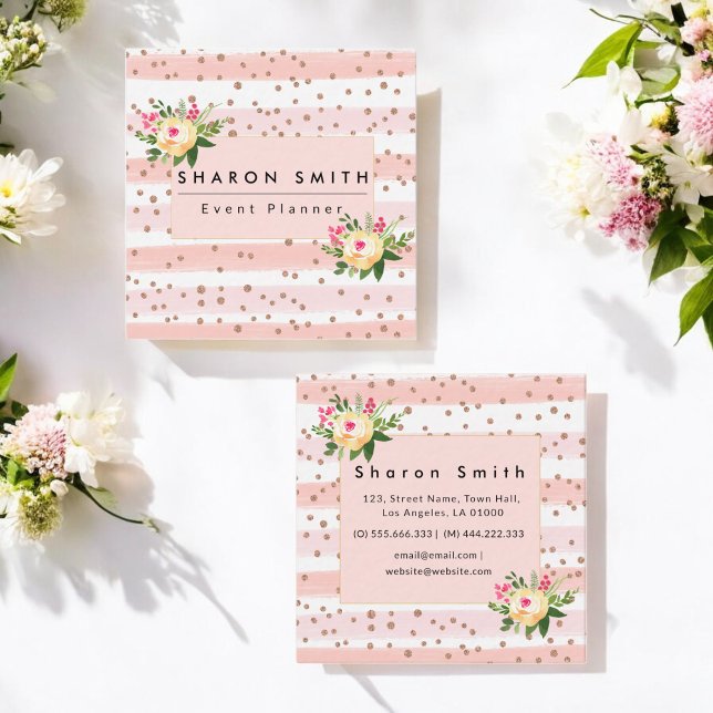 Rose Gold Pink Glitter Flowers Chic Floral Square Business Card (Creator Uploaded)