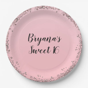 Rose Gold Pink Glitter Glam Edge Sweet 16 Party Paper Plate