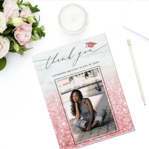 Rose Gold Pink Glitter Graduation Photo Thank You Postcard