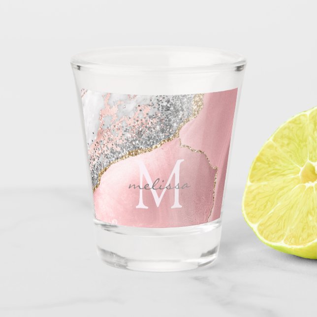 Rose Gold Pink Glitter Marble Monogram Name Shot Glass (Front)