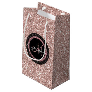 Rose Gold Pink Glitter Monogram Name Girly Party Small Gift Bag