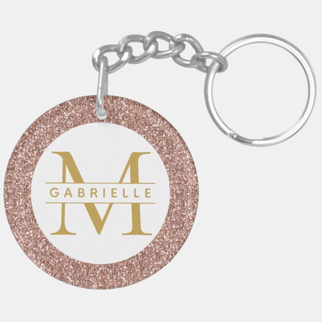 Rose Gold Pink Glitter Monogram Name Key Ring (Back Right)
