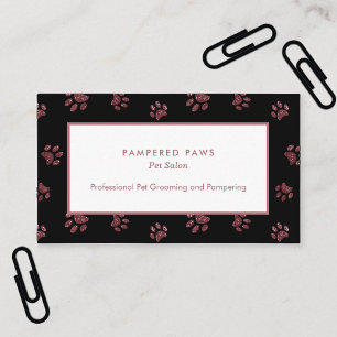 Rose Gold Pink Glitter Paw Prints Black Pet Salon Business Card