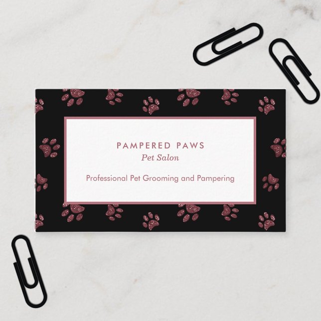 Rose Gold Pink Glitter Paw Prints Black Pet Salon Business Card (Rose Gold Pink Glitter Paw Prints Black Pet Salon Business Card)