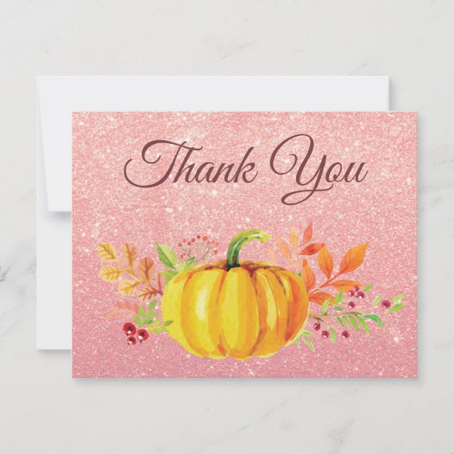 Rose Gold Pink Glitter Pumpkin Fall Thank You card (Front)
