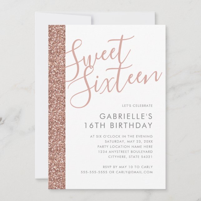 Rose Gold Pink Glitter Stripe Minimalist Sweet 16 Invitation (Front)