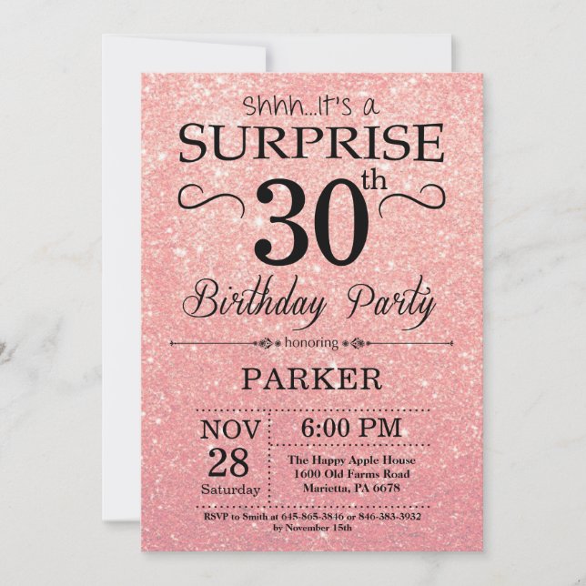 Rose Gold Pink Glitter Surprise 30th Birthday Invitation (Front)