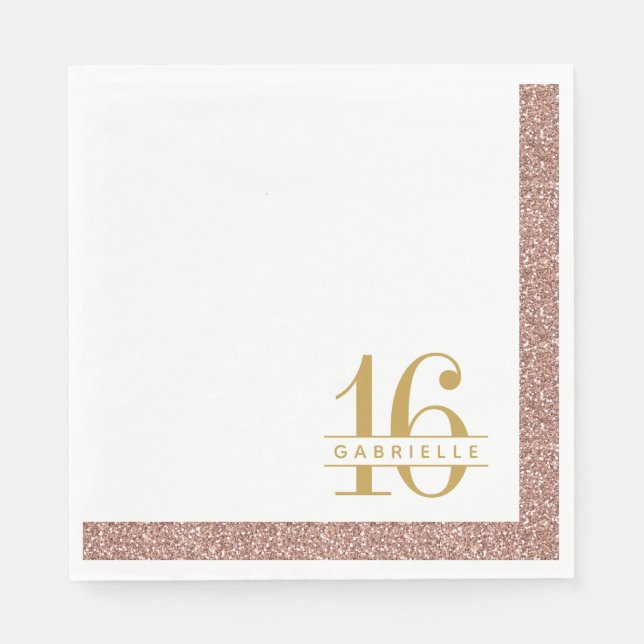 Rose Gold Pink Glitter Sweet 16 Birthday Name Napkin (Front)