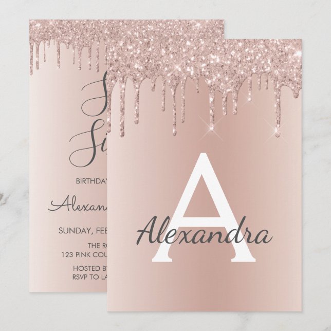 Rose Gold - Pink Glitter Sweet Sixteen Birthday Invitation (Front/Back)