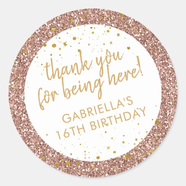 Rose Gold Pink Glitter Thank You Birthday Favour Classic Round Sticker (Front)