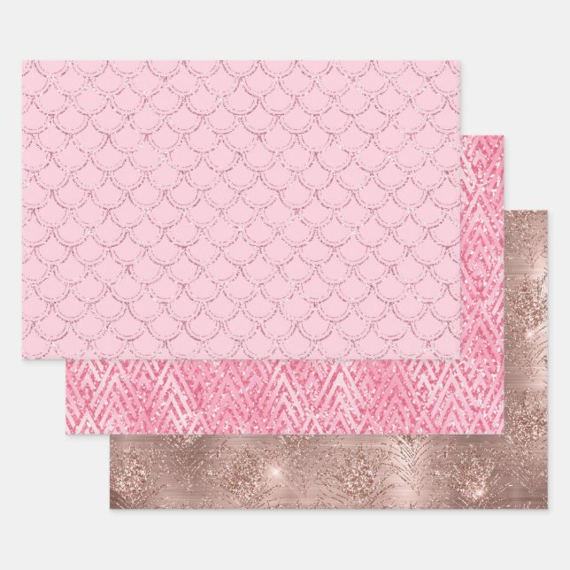 Rose Gold Pink Glitter Trendy Wrapping Paper Sheet (Set)