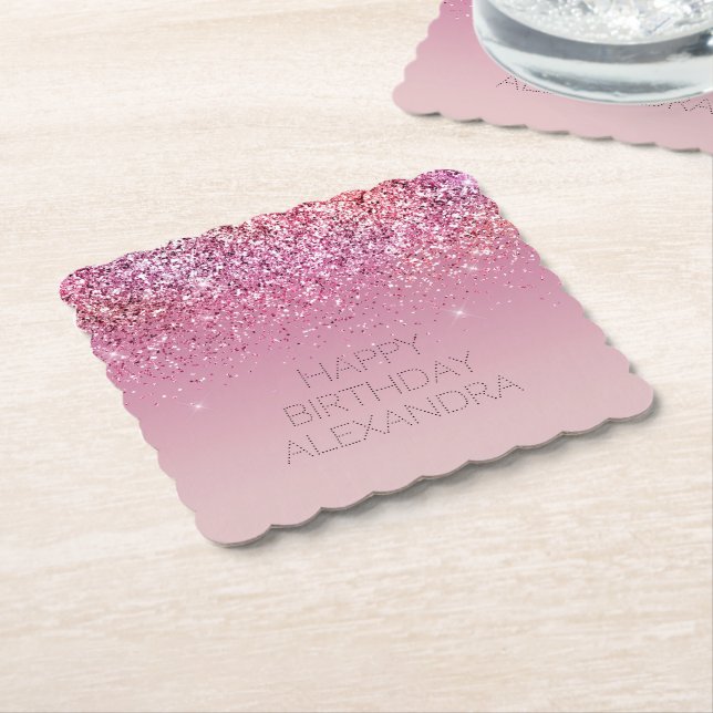 Rose Gold Pink Gold Glitter Sparkle Paper Coaster (Angled)