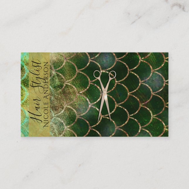 Rose Gold Pink Gold Green Mermaid Hair Stylist Business Card (Front)