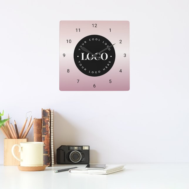 Rose Gold Pink Gradient Custom Logo Company Office Square Wall Clock (Creator Uploaded)