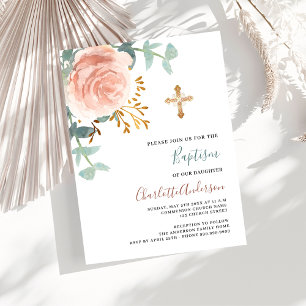 Rose gold pink greenery gold cross baptism invitation postcard
