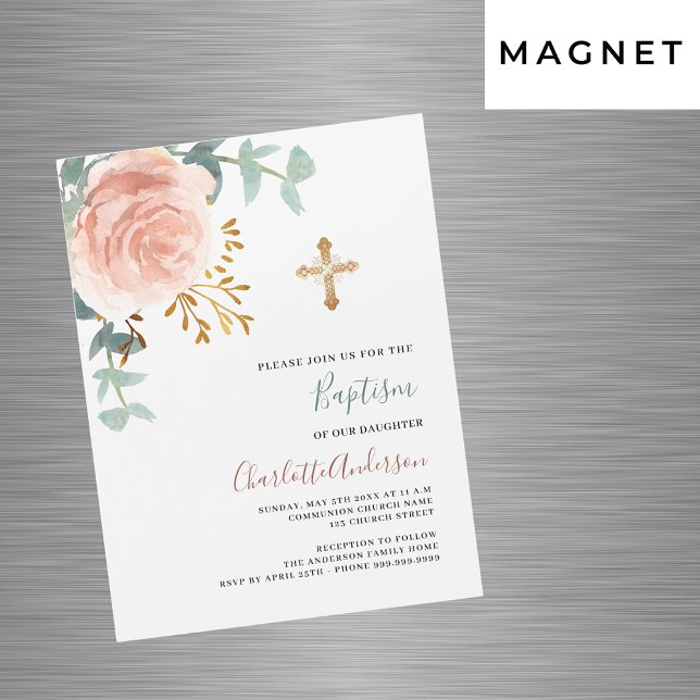 Rose gold pink greenery gold luxury baptism magnetic invitation (Creator Uploaded)