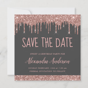 Rose Gold Pink Grey Glitter Sweet 16 Save the Date Invitation
