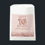 Rose Gold Pink Happy 16th Birthday Favour Bags<br><div class="desc">Girly glitter,  millennial pink background,  with fancy script name typography. Faux rose gold 16 balloon text. Great for Sweet 16th celebrations.</div>