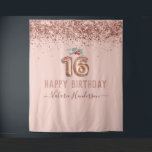 Rose Gold Pink Happy 16th Birthday Tapestry<br><div class="desc">Girly glitter,  millennial pink background,  with fancy script name typography. Faux rose gold 16 balloon text. Great for Sweet 16th celebrations.</div>