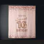 Rose Gold Pink Happy 16th Birthday Tapestry<br><div class="desc">Girly glitter,  millennial pink background,  with fancy script name typography. Faux rose gold 16 balloon text. Great for Sweet 16th celebrations.</div>