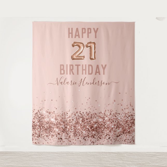 Rose Gold Pink Happy 21st Birthday Tapestry (Front)