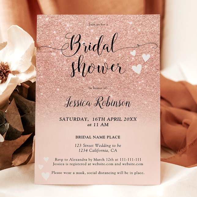 Rose gold pink hearts script chic bridal shower invitation (Rose gold pink hearts script chic bridal shower invitation)