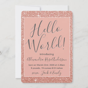 Rose Gold Pink Hello World Baby Girl Announcement