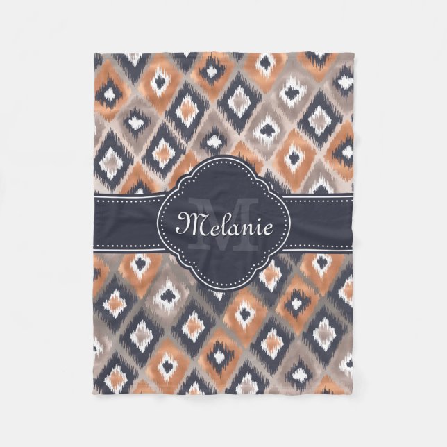 Rose Gold Pink Ikat Pattern Navy Monogram Fleece Blanket (Front)