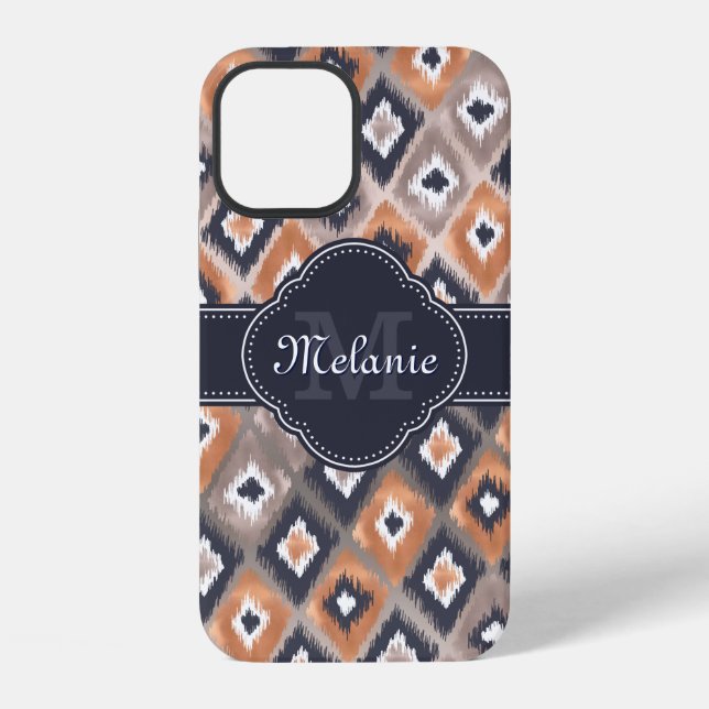Rose Gold Pink Ikat Pattern Navy Monogram iPhone Case (Back)
