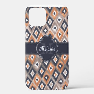 Rose Gold Pink Ikat Pattern Navy Monogram iPhone 12 Case
